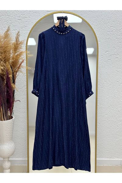 Ebrar Store Hafsa Jacquard Dress with Tied Sleeves-El1888 Navy Blue