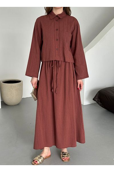 Laluvia Βαμβακερή τσέπη Claret Red πουκάμισο Φούστα Λινό Σετ 8601