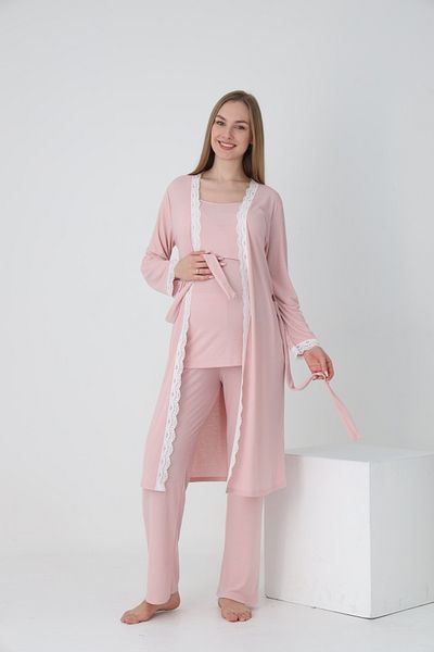 Miss Dünya Lissa Lace Detailed Long Dressing Gown Twill Strap Maternity and Maternity Pajama Set