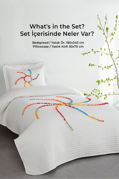 Evlen Home Collection Rise Renkli Ponponlu %100 Pamuk Tek Kişilik Yatak Örtüsü Kapitone Dolgulu Pike Takımı Krem Renkli