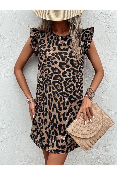 Masspera Γυναικείο φόρεμα με κοντό μανίκι Leopard Print Vele Slim Fit