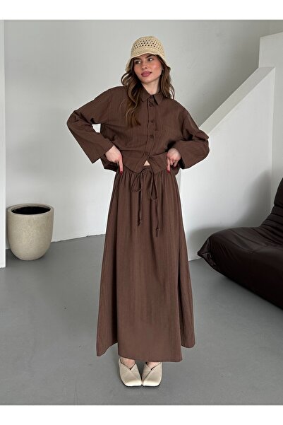 Laluvia Barna 100% pamut zsebes ing szoknya vászon szett - 8601