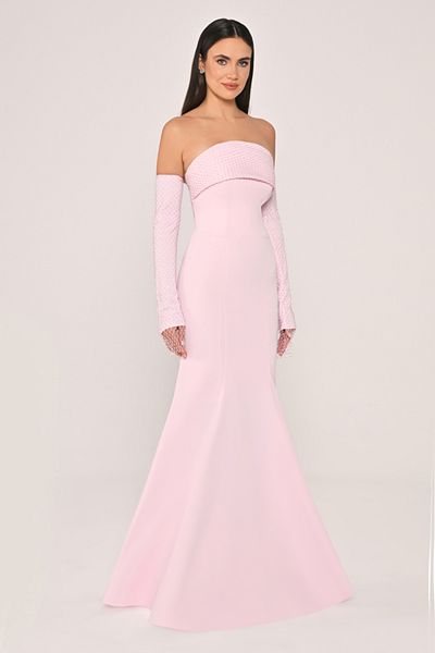 ALFABETA Straplez Neck and Gloves Stone Print Detail Fish Cut Long Stylish Evening Dress