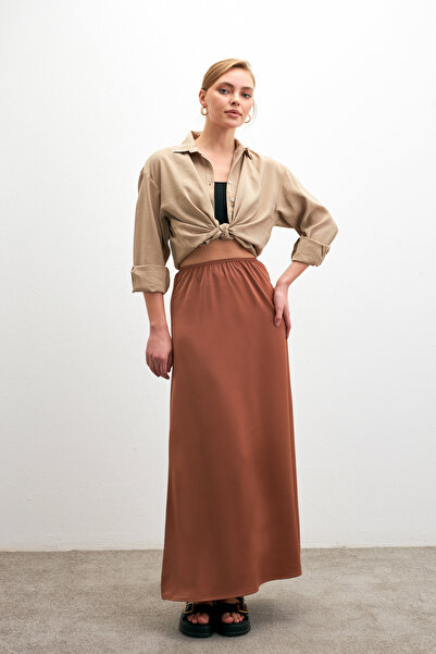 Bipantolon Fusta evazată din satin drapat cu talie moka pentru femei
