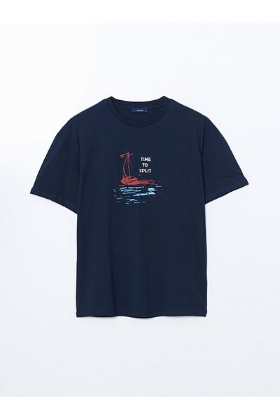 LC Waikiki Navy Blue Crew Neck Short Sleeve Printed Combed Cotton Men's T-Shirt