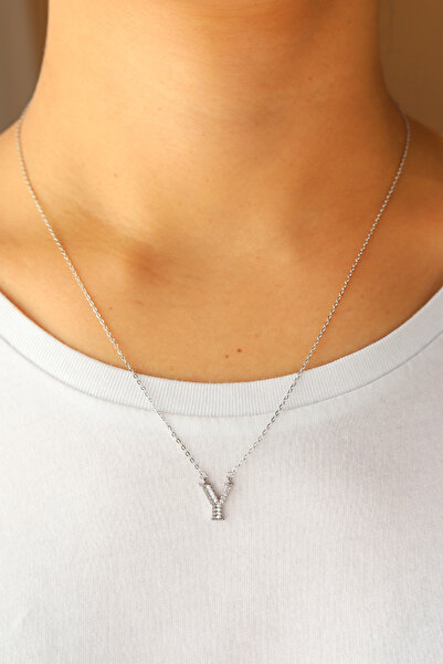 Brillo Silver Color Zircon Stone Steel Letter Necklace(51 cm)