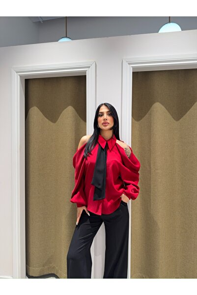 Serica Moda Kırmızı Omuz Detaylı Saten Gömlek