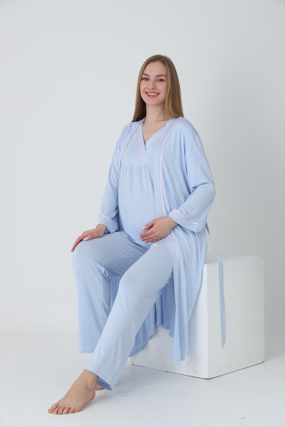 Miss Dünya Lissa Sabahlıklı Şerit Detaylı Hamile ve Lohusa Pijama Takımı