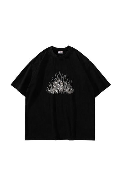 Sekizbiraltı Μαύρο μπλουζάκι με στάμπα Flame Stone Oversize Unisex