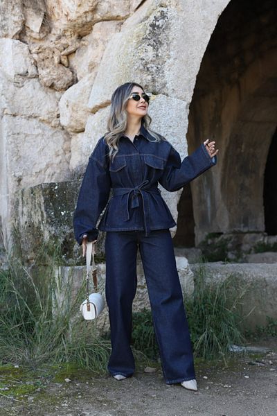 bytugcekaya Σκούρο μπλε τζιν κοστούμι με δεμένη μέση
