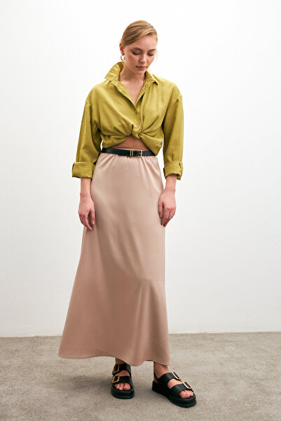 Bipantolon Women's Cream Elastic Waist Flowy Satin Flared Skirt