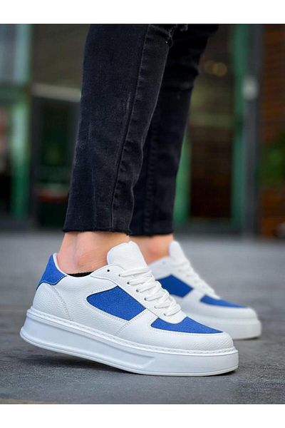 BPM Kb-X8 White Skin Blue Suede Detailed White High Sole Casual Sneakers
