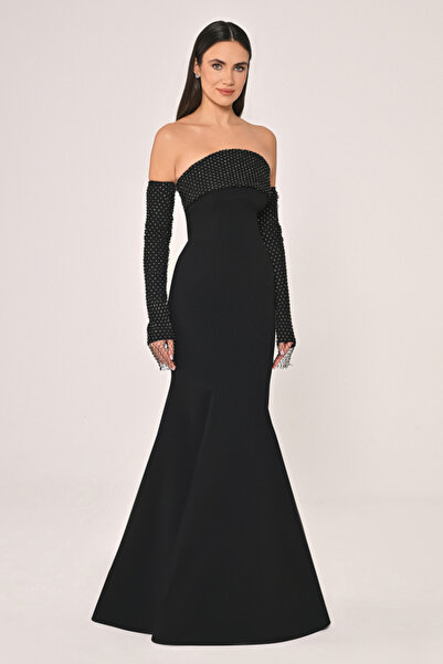 ALFABETA Straplez Yaka ve Kol Taşlı File Krep Uzun ABİYE Elbise