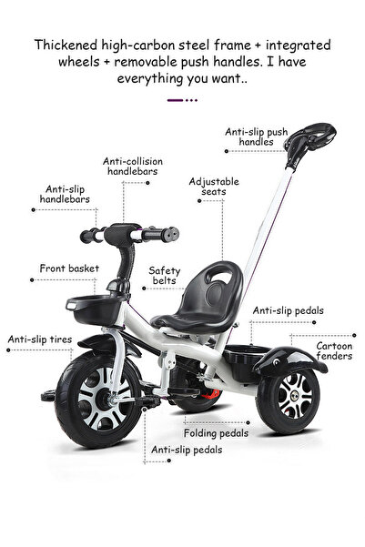 Ma Baby Tricycles for Kids, with Storage Basket and Push Handle, Trike for 1-6 Years Boys and Girls