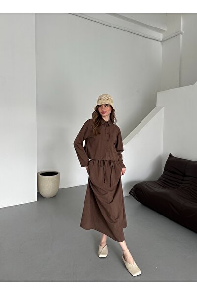 Laluvia Barna 100% pamut zsebes ing szoknya vászon szett - 8601