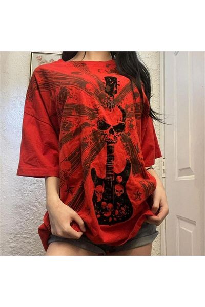 Köstebek Unisex Red GoThic Rock GuiTar Skull Cyber Grunge T-shirt