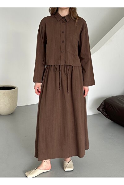Laluvia Barna 100% pamut zsebes ing szoknya vászon szett - 8601