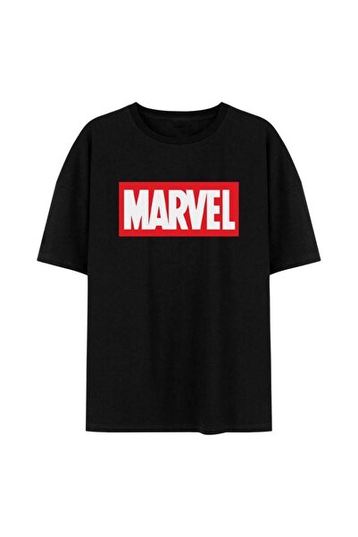 ervafashion Marvel Logo Baskılı Siyah Günlük Oversize Rahat Kalıp T-SHİRT