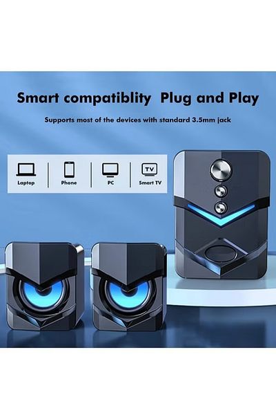 COOYA مكبرات صوت للكمبيوتر المكتبي 2.1 قناة، صوت ستيريو Aux 3.5 مم يعمل عبر USB، صوت جهير قوي وإضاءة خلفية زرقاء