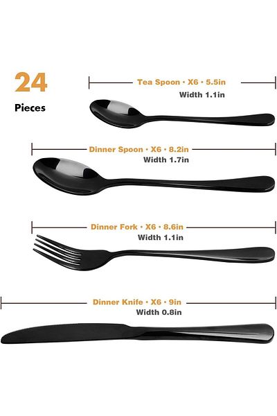 COOYA Silverware Set for 6, 24 Pieces, Stainless Steel, for Home and Resturant (Black)