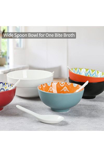 COOYA Asian Soup Spoons Set of 6, 5.3" Ceramic, with Hook,for Rice Ramen Wonton Dumpling, Dishwasher Safe