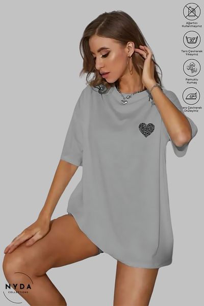 Nyda Collections Women's Crew Neck Minimal Leopard Heart Printed Cotton Oversize Short Sleeve T-Shirt