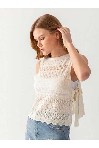 Irmak Kerekli Women's Ecru Openwork Sweater Knitwear Poncho 171710