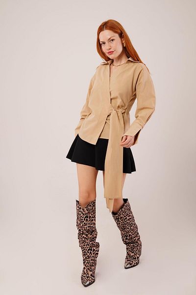 Moka Shopin Mokashopin Double Breasted Collar Side Tie Detailed Camel Shirt