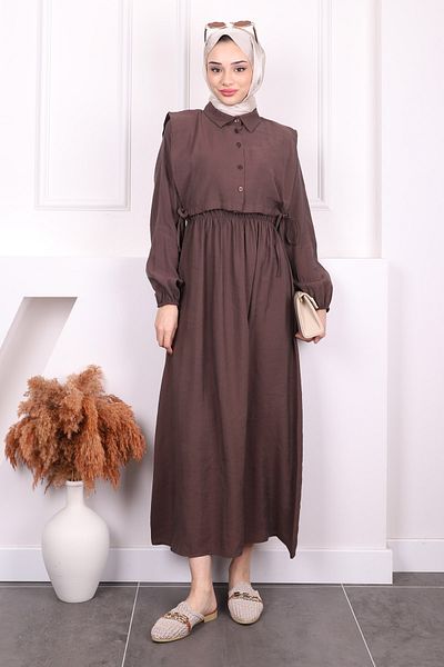 İmajButik Σετ Συνδυασμός Φόρεμα Καφέ Γιλέκο