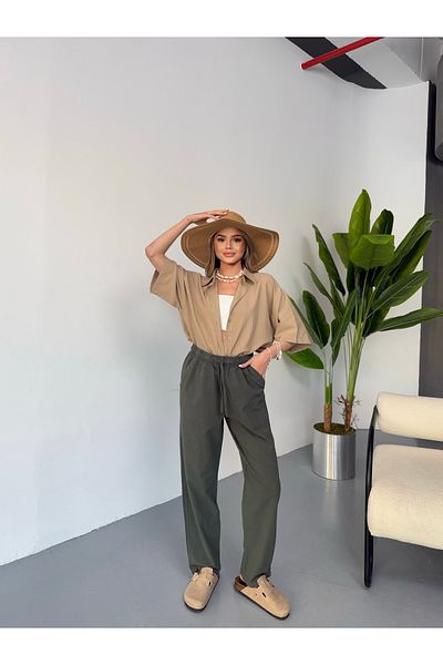 COMBİNE MİCHAİL Khaki Women's Linen Trousers