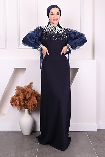 İmajButik Βραδινό φόρεμα με μπλε μανίκια και χάντρες από τούλι