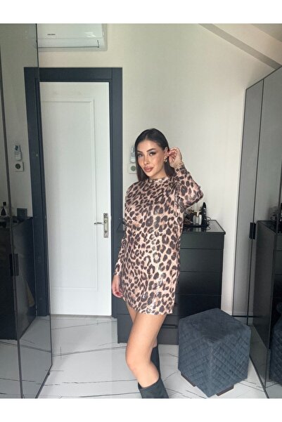 SHELA Leopar Desenli Payet Elbise