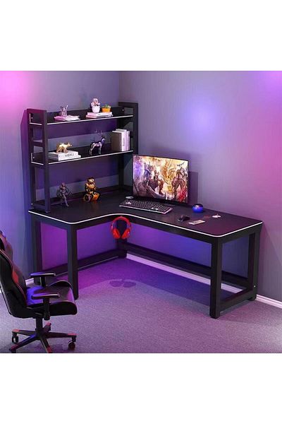 1st L-Shaped Computer Table with Office Shelves 120x100cm - Black