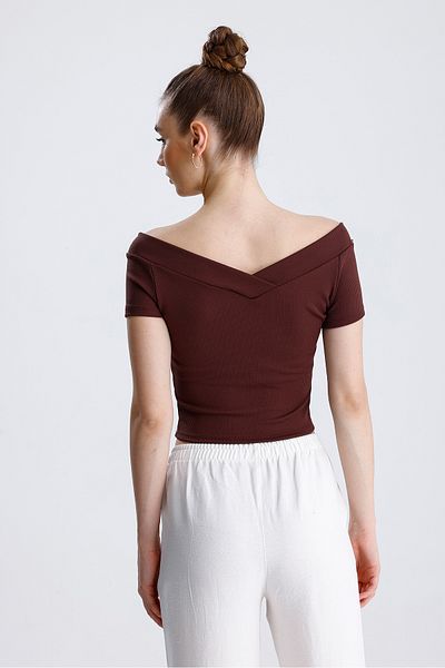 FV Crop Top cu mânecă scurtă pentru femei, cu nervuri în față și în spate