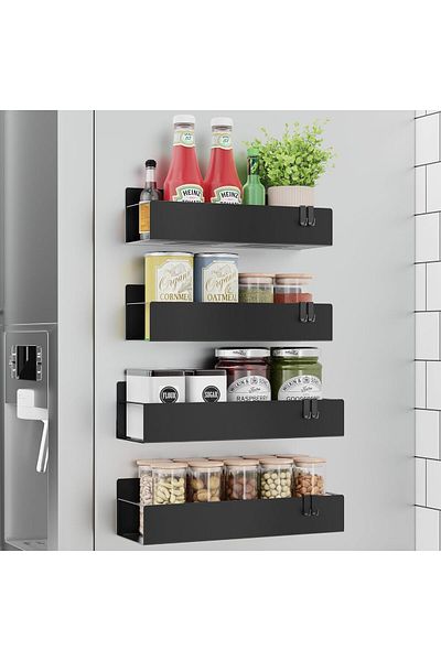 COOYA Magnetic Spice Rack for Refrigerator, 4 Pack Moveable Fridge Spice Rack, Strong Steel Shelves Black