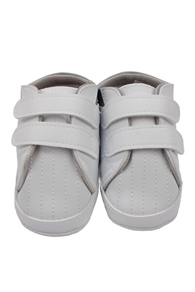bebegen Baby Boy White Leather Shoes with Gray Velcro on the Back and Stitche...