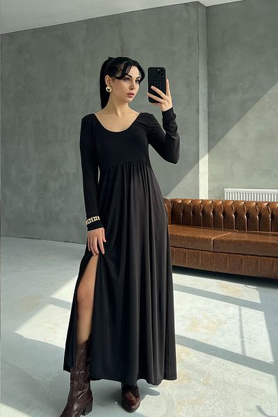 Seda Yalçın Atelier Black Oval Neck Slit Detailed Draped Dress