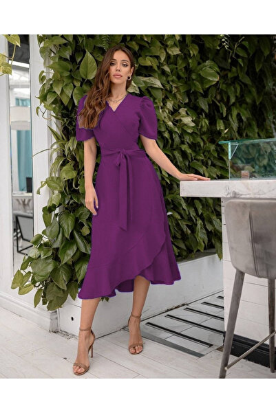 deluxe takı ve giyim   Women's Double Breasted Collar Midi Length Belted Crep...