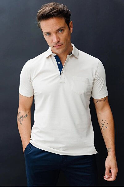 Desen Triko Men's Polo Collar Buttoned Pocket T-shirt Stone