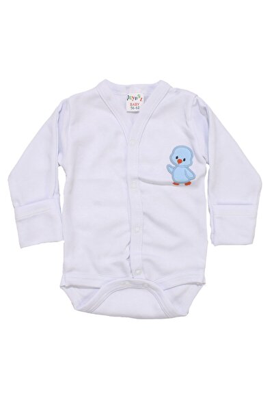 bebegen Erkek Bebek Beyaz Mavi Civciv Nakışlı Kendinden Eldivenli Uzun Kollu Çıtçıtlı Zıbın 0-3 Ay