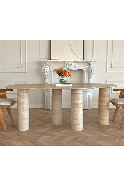 MIARIK DESIGN Lion-Traverten Mermer Asimetrik Tabla 4 Ayaklı Yemek Masası