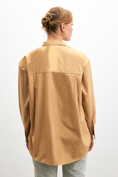 Bipantolon Women's Biscuit Oversize Basic Pocket Detailed Poplin Long Sleeve Shirt