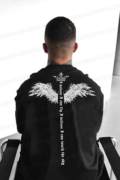 Millionaire Ανδρικό μαύρο μπλουζάκι I Can Fly Oversize Fit Loose Wide Fit Loose Cut T-shirt