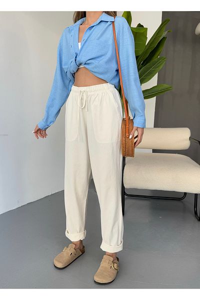 COMBİNE MİCHAİL Pantaloni albi de in pentru femei