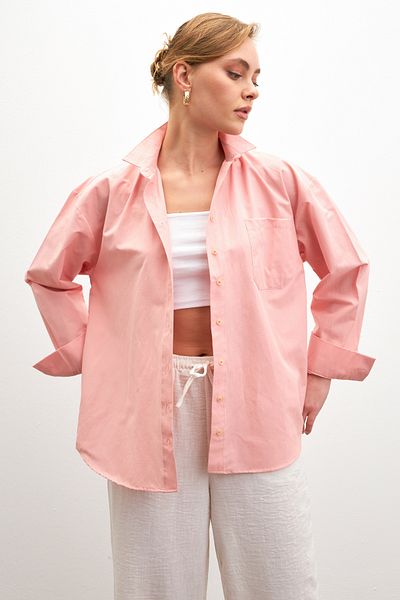 Bipantolon Γυναικείο ροζ Oversize Basic Pocket Λεπτομερές μακρυμάνικο πουκάμισο από ποπλίνα