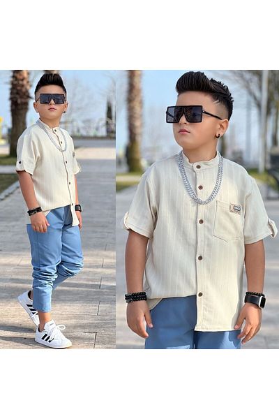 ARBİ kids Boy's Linen Shirt Gabardine Trousers Stylish Eid Suit Buy One Size Larger