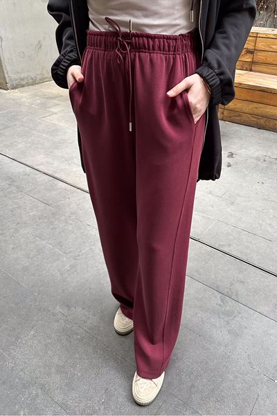 Ovn. Wide Leg Trousers with Cut Detail - Claret Red
