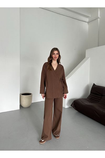 Laluvia Brown Gabardine Kimono Set - 8629