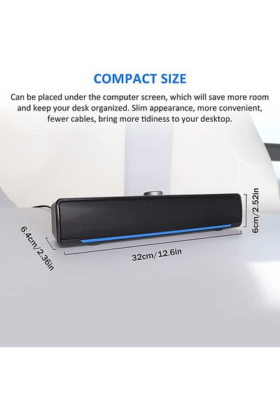 COOYA سماعات كمبيوتر، شريط صوت استريو سلكي يعمل بمنفذ USB، مع ضوء LED أزرق ومنفذ Aux مقاس 3.5 مم