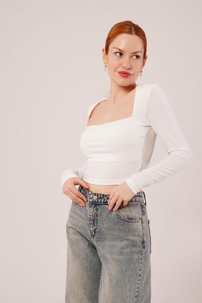 Kıvanç Moda Square Neck Basic White Blouse